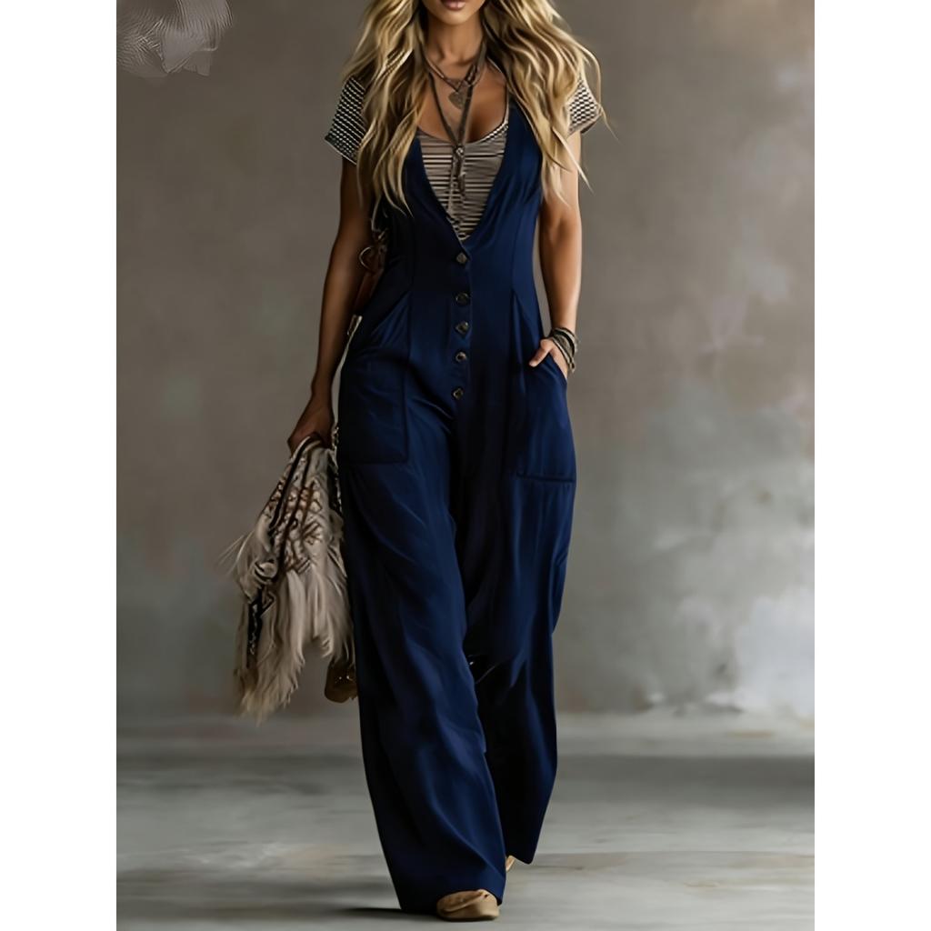 Women's V Neck Sleeveless Jumpsuit Loose High Waist Wide Leg Pocket Casual Overall