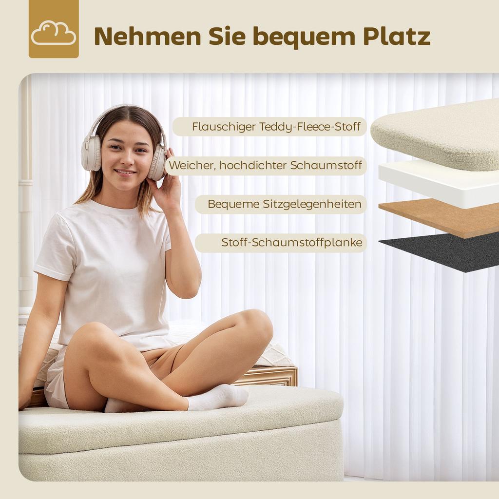 Storage Bench, Seating Bench with 65 L Storage Space, Teddy Fleece Fabric, Rubberwood, 120 X 42 X 45 Cm, Beige