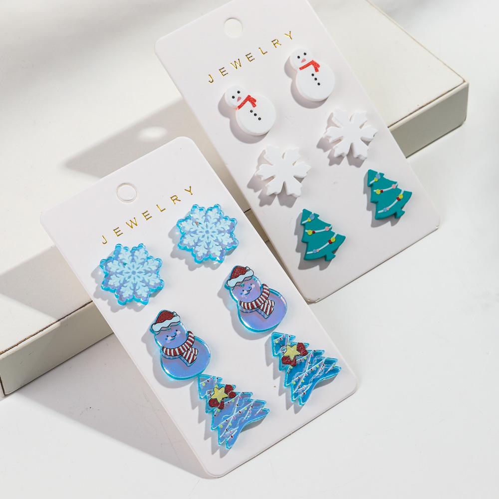 3Pairs/Set Christmas Acrylic Stud Earrings for Women Lovely Gingerbread Man Xmas Tree Snowman Earring Cute Jewelry Party Gift