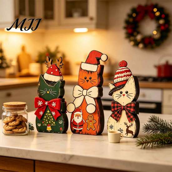 2D Flat Cat Ornaments 3Pcs Christmas Wooden with Hat and Bow Tie, Decorative Decor Thanksgiving Tabletop Figurines, Cute Desktop Decoration