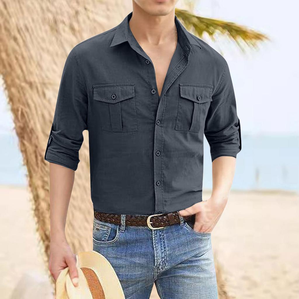 Shirt Double Pocket Cotton Linen Long Sleeve Men's Casual Holiday Shirt