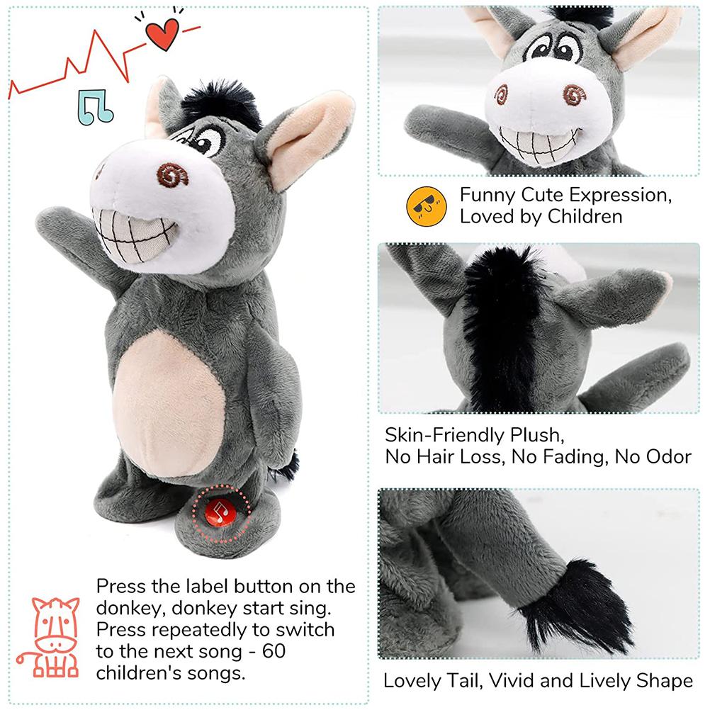 Stuffed Animal Toys Electric Funny Donkey Doll for Baby 72 Children"s Songs Plush Toys Walking and