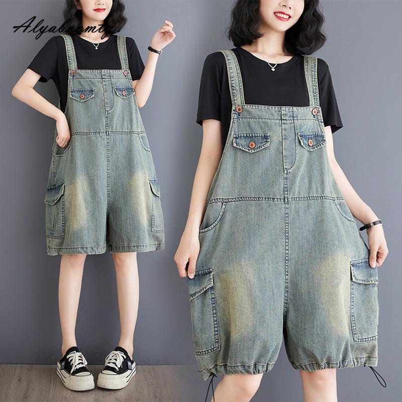 Summer Women Streetwear Light Blue Denim Overalls Washed Cotton Solid Casual Loose Playsuits Vintage Thin Wide Leg Shorts Rompers