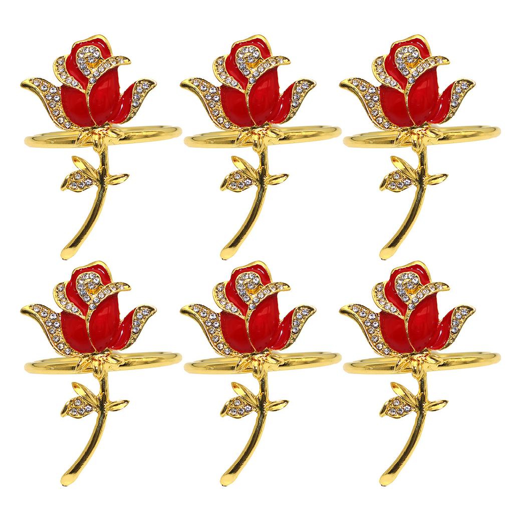 6 Pcs Red Floral Rhinestone Napkin Rings Serviette Buckle Rose Flower Napkin Holders for Party Dinner Table Decor