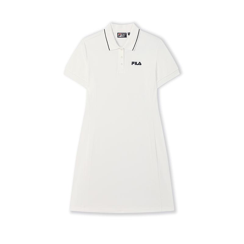 FILA Original Solid Color Casual Comfortable Versatile Polo Collar Short Sleeve Dress Women dresses Cloud-White F51W529316F-WT