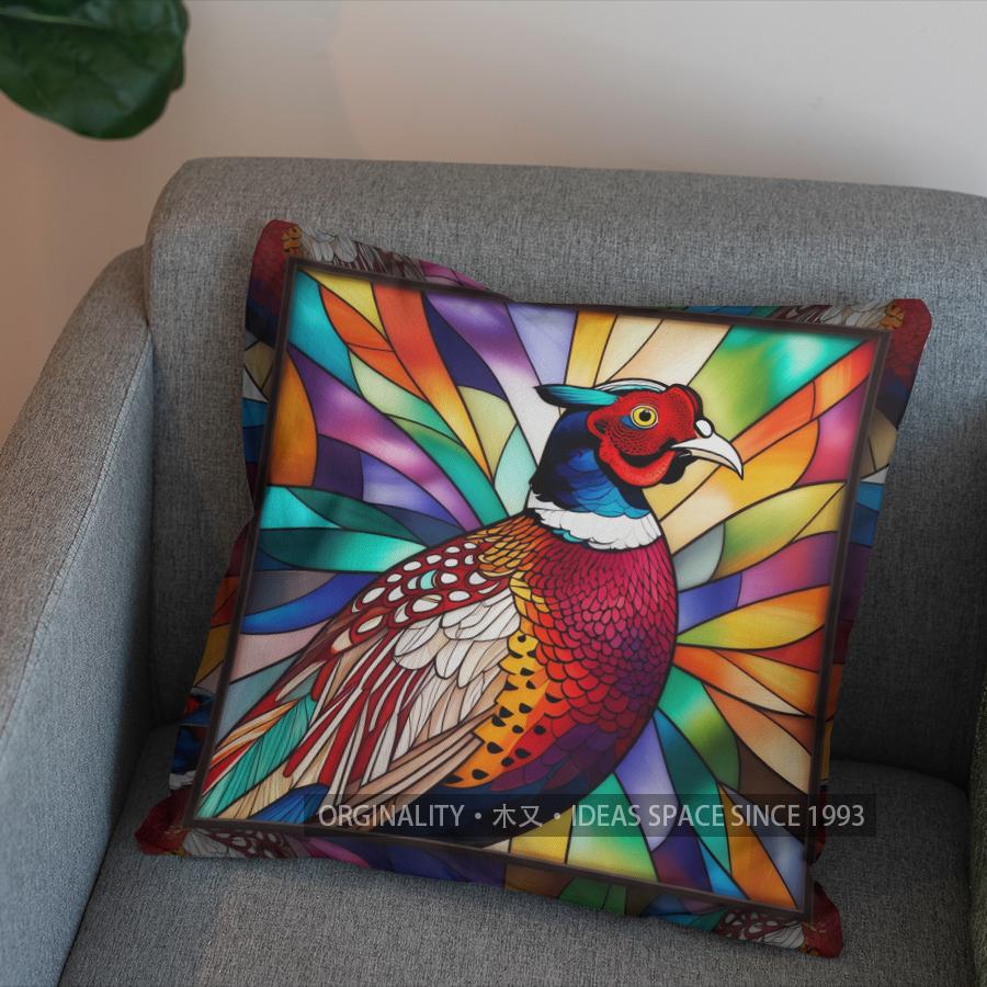 2D Colorful Pheasant Stained Glass Style Pillow Cover Pattern Cushion Cover Suitable For Sofa Bedroom Car Pillow Cover