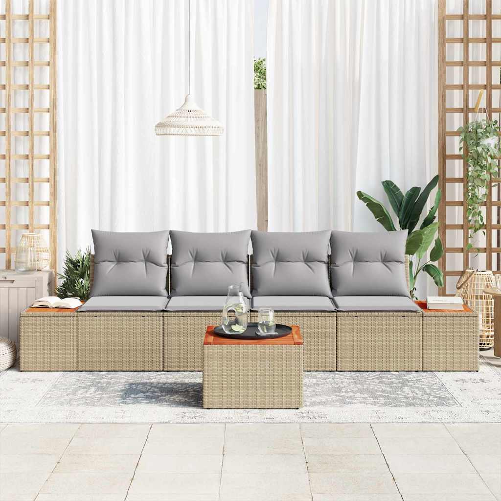 Garden Sofa Set with Cushions 5 Pcs Beige Poly Rattan