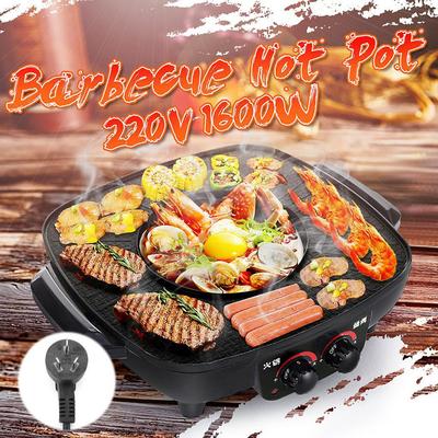 Four Marmite Cuisseur Électrique Multifonctionnel Durable Hotpot Antiadhésif Plaque BBQ Rôtir Cuisson pour Barbecue Batterie de Cuisine 220v 1600W