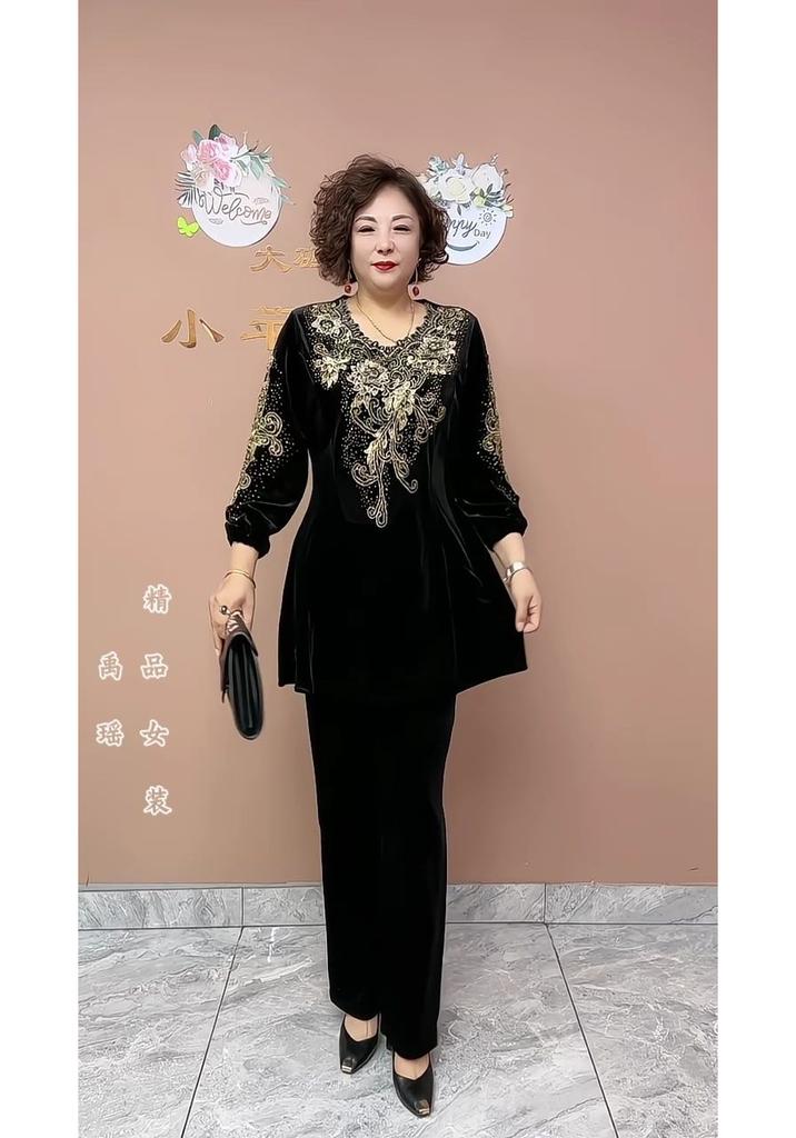 2pcs Pants Suits Autumn Women's Embroidery Velvet Plus-size Blouse High-waist Velvet Pants Two-piece Set Oversized Velvet Pants Suits