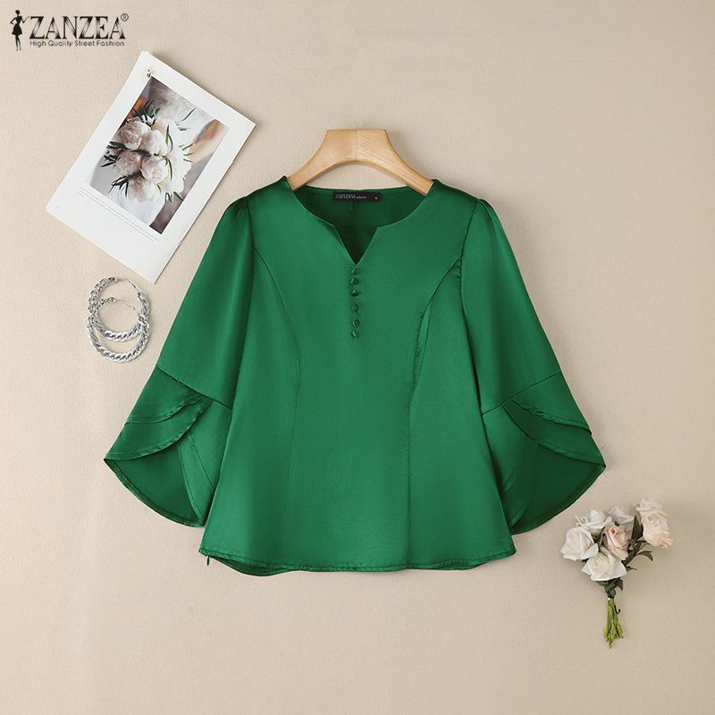 ZANZEA Women Casual V-Neck 3/4 Sleeve Loose Satin Blouse