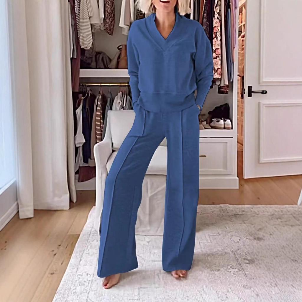 European & American Women's V-Neck Long Sleeve Top & Wide-Leg Pants Set for Autumn/Winter 2025.