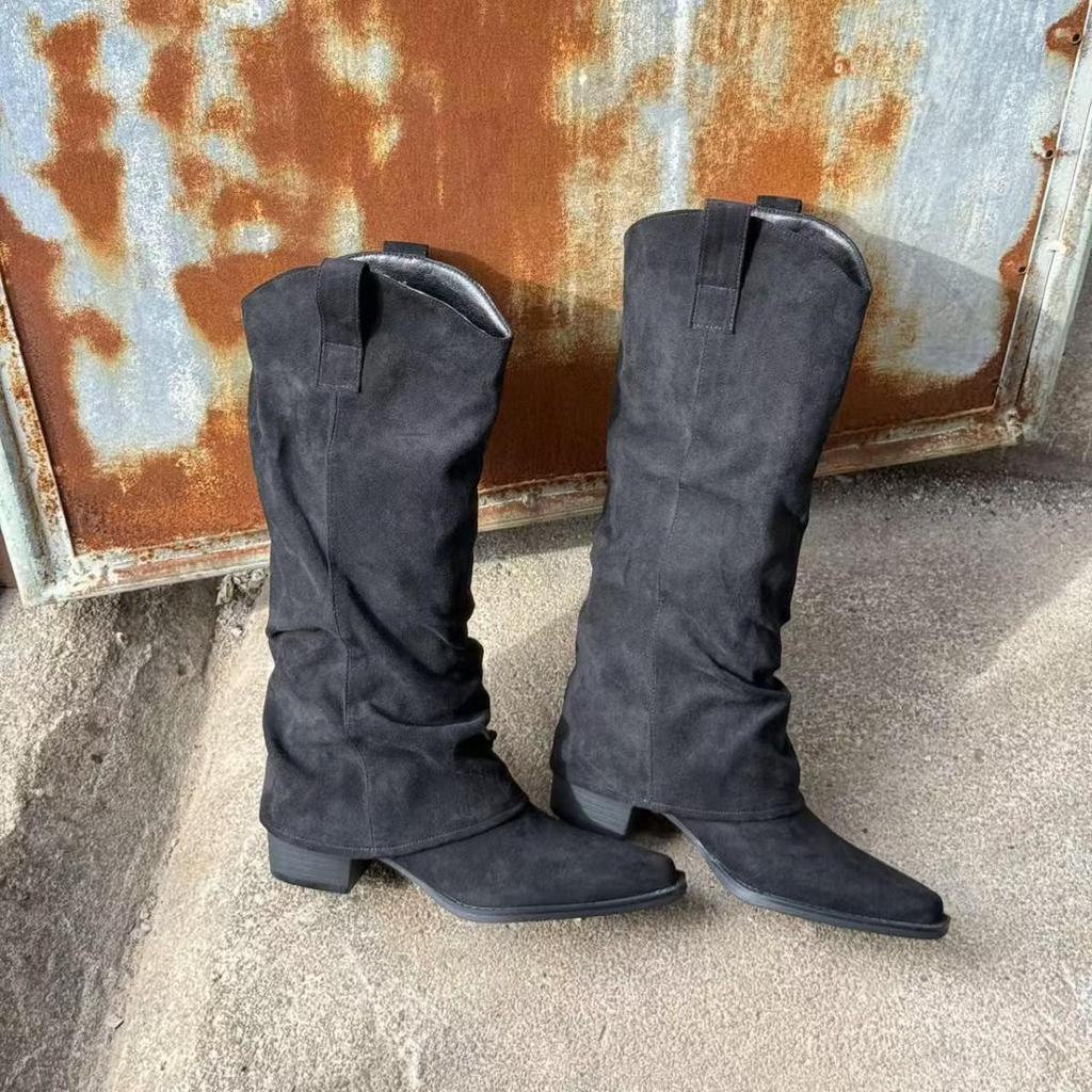 In Stock: Women's Retro High-Top Pointed Toe Knee-High Suede Slouch Boots with Chunky Heel