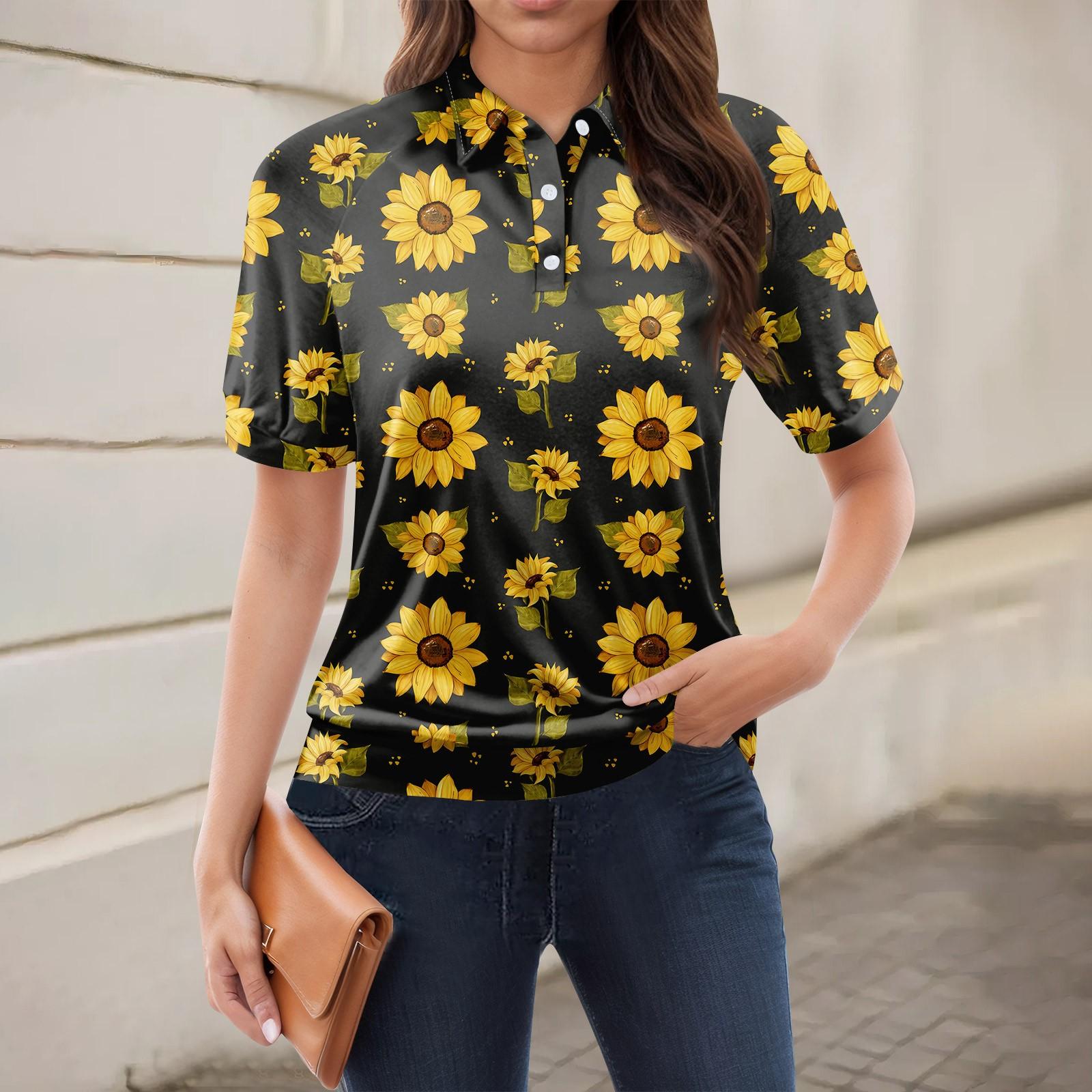 

Женская повседневная футболка с v-образным вырезом и коротким рукавом с цветочным принтом и декоративными пуговицами, топ S жёлтый