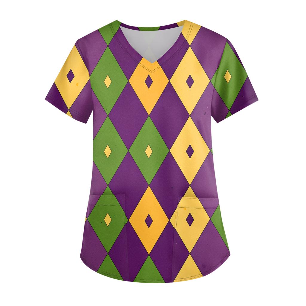 Ladies' Carnival Printed Fashion V-neck Pocket Short Sleeved Nurse's Wear And Worker's Top