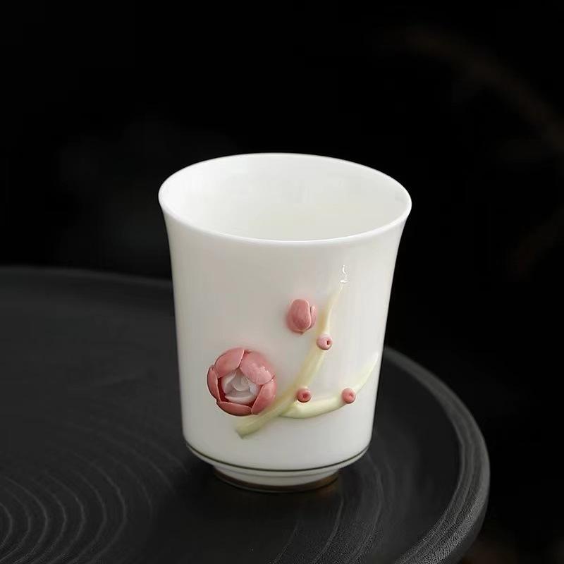 Handmade Floral Embossed Carved Relief Porcelain Tea Cup 80ml Chinese Kungfu Ceramic Cup for Ladies Holiday Gift