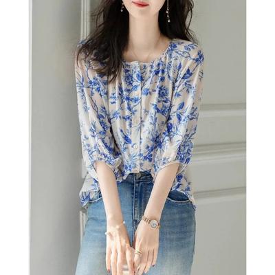 Women's Blue Floral Print Chiffon Blouse Round Neck 3/4 Puff Sleeve Button Down Casual Top