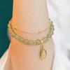 Women Exquisite Gold Color Leaves Wrist Strap Bangle Double Chain Bracelet Girls Gifts Chinese Style Green Jade Bracelet