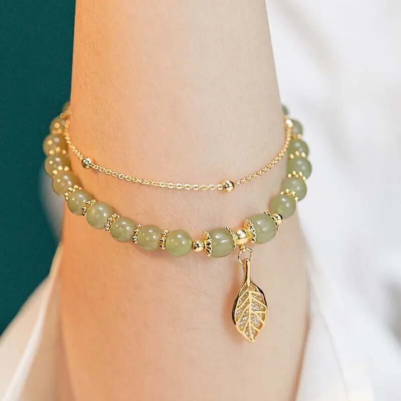 Women Exquisite Gold Color Leaves Wrist Strap Bangle Double Chain Bracelet Girls Gifts Chinese Style Green Jade Bracelet