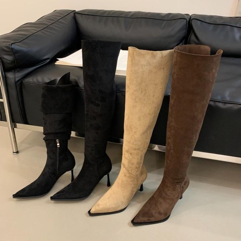 Fashion New Style Women's Winter Fold Thin High Heels Knee-High Boots Women Zipper Pointed Toe Shoes Sexy Party Stripper Zapatos De Muje