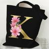 26 Golden Alphabet Floral Tote Bags for Women Large Capacity Canvas Casual New Flower Alphabet Printed Female Reusable Handbag