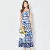 Elegant Porcelain Pattern Two Piece Set Women Flower Print Short Crop Top Pleated Maxi Skirt Suits Female Patchwork Vintage Strap Sets 2024