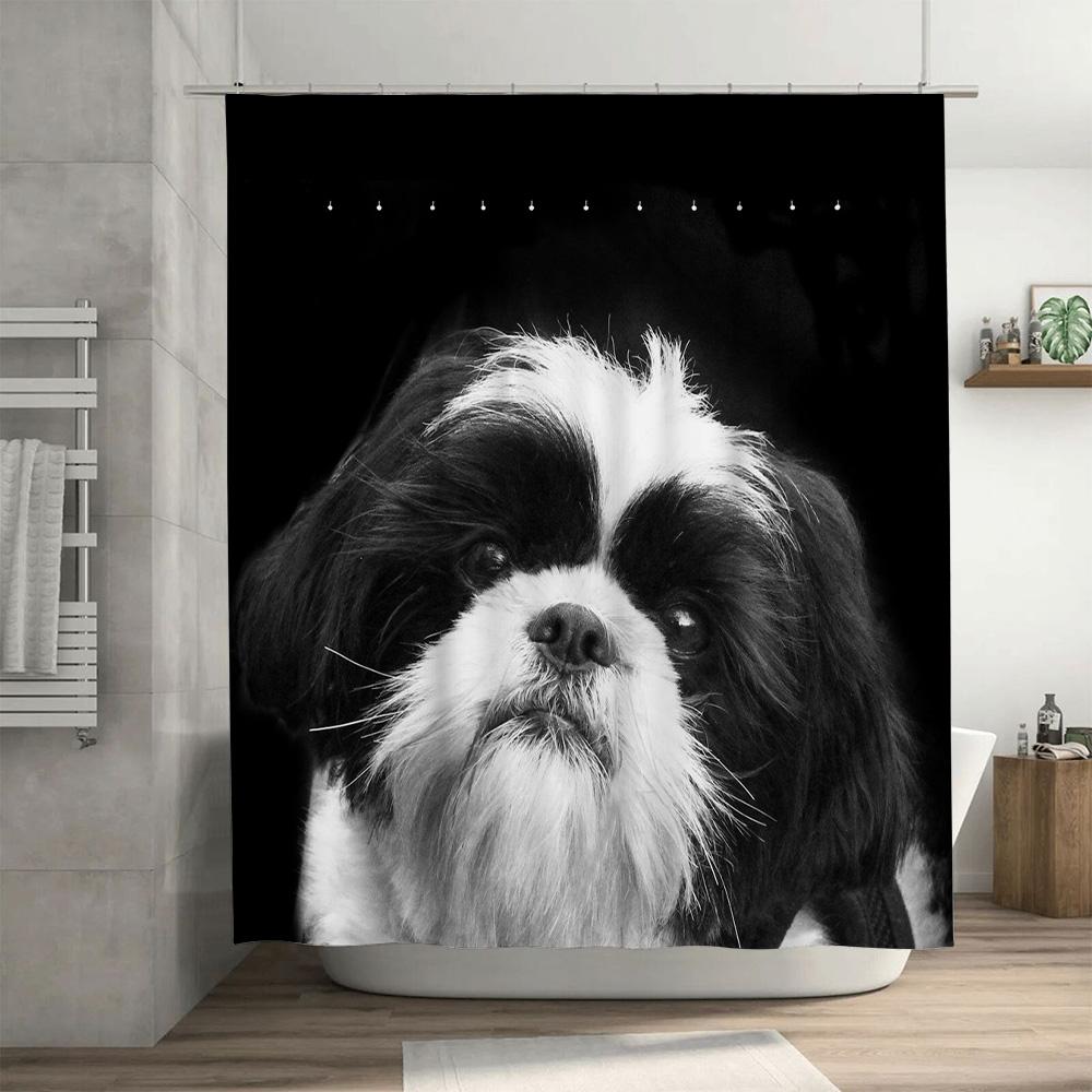 Black White Dog Shower Curtain Pet Portrait Decor For Bathroom Waterproof Printing High-Quality Fabric Shower Panel
