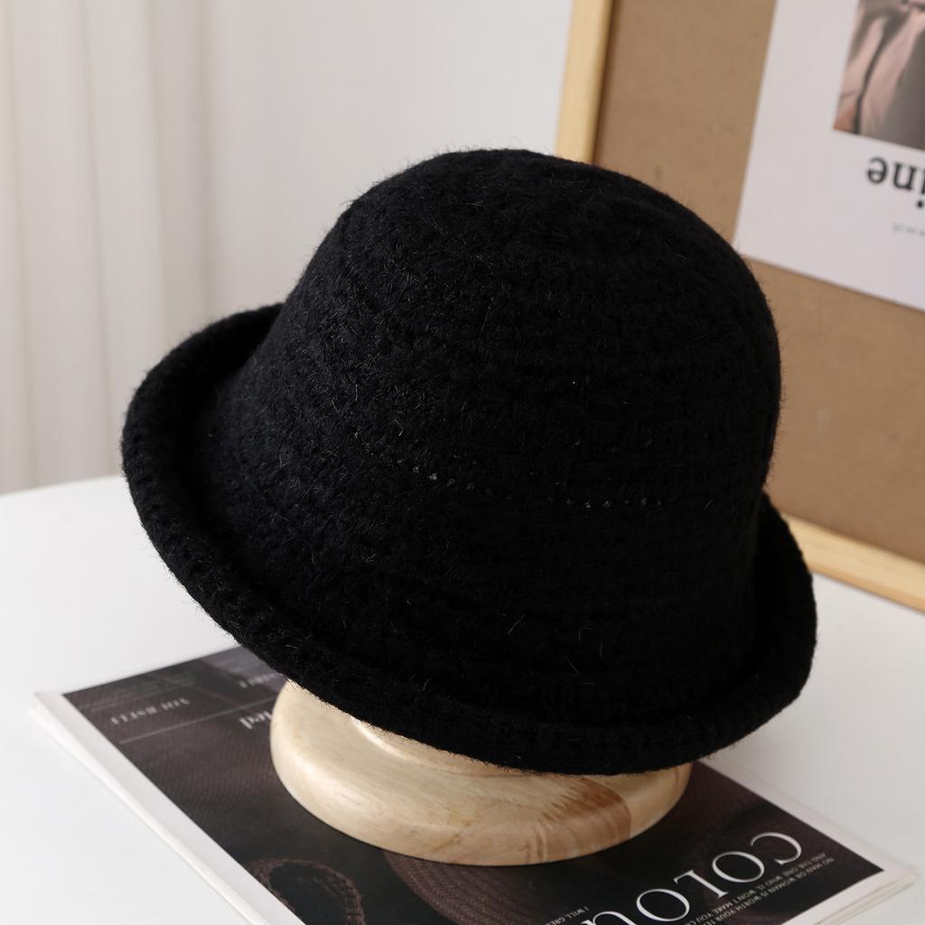 French Solid-Color Round Top Rolled-Edge Hat For Women - Winter Hollow-Out Fisherman'S Cap, Outdoor Warm Bucket Hat Accessories