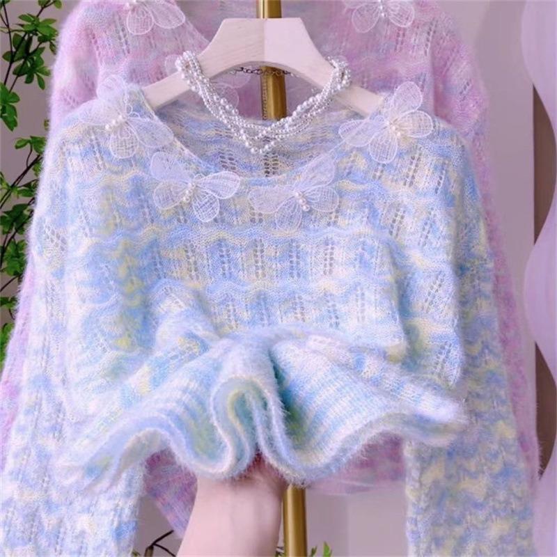 Spring and Autumn New Loose Gradual Change Rainbow Female Butterfly Sweet Gentle Wind Hollow Sweater Pullover Knitted Sweater Female