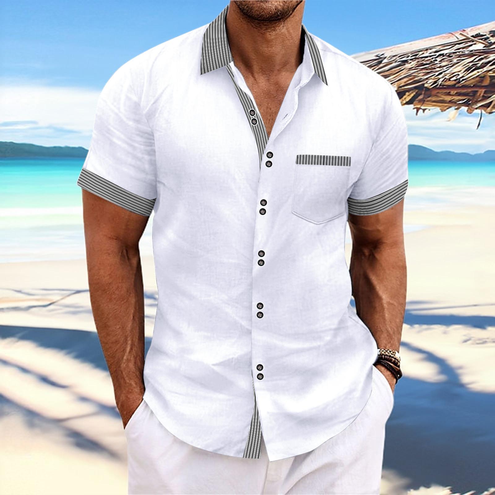 Summer Men s Striped Slim Fit Double-Button Business Casual Short-Sleeve Shirt XS белый