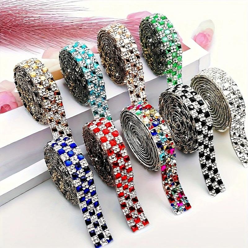 2 Rolls Clothing Accessories for Hats Bags Jackets Rhinestone Tape Iron-On Glass Self-Adhesive Chain Ribbon Multi-Color