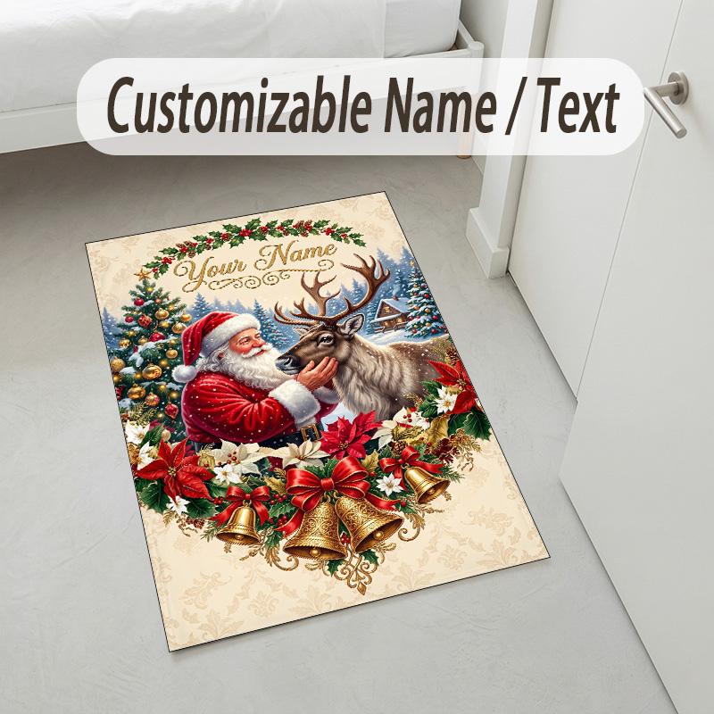 Christmas Theme Crystal Velvet Rug Personalized Custom Name Text Soft Floor Mat Home Decor