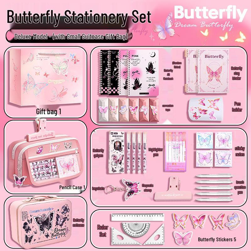 Pink Butterfly Stationery Gift Box for Girls, Back to School Supplies, Big Gift Pack for Tenth Birthday Party Favors