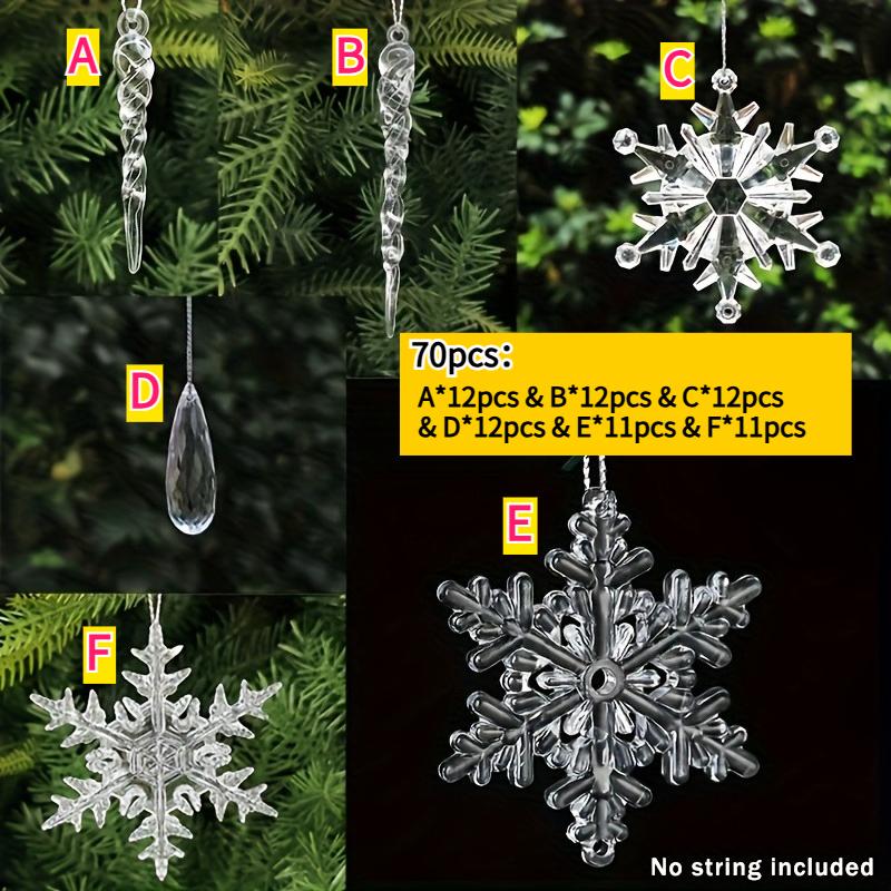 70pcs Acrylic Snowflake Pendant Beads Ornament Sets Christmas Tree Decoration Hexagonal Snowflake Flakes Hanging New Year Decor