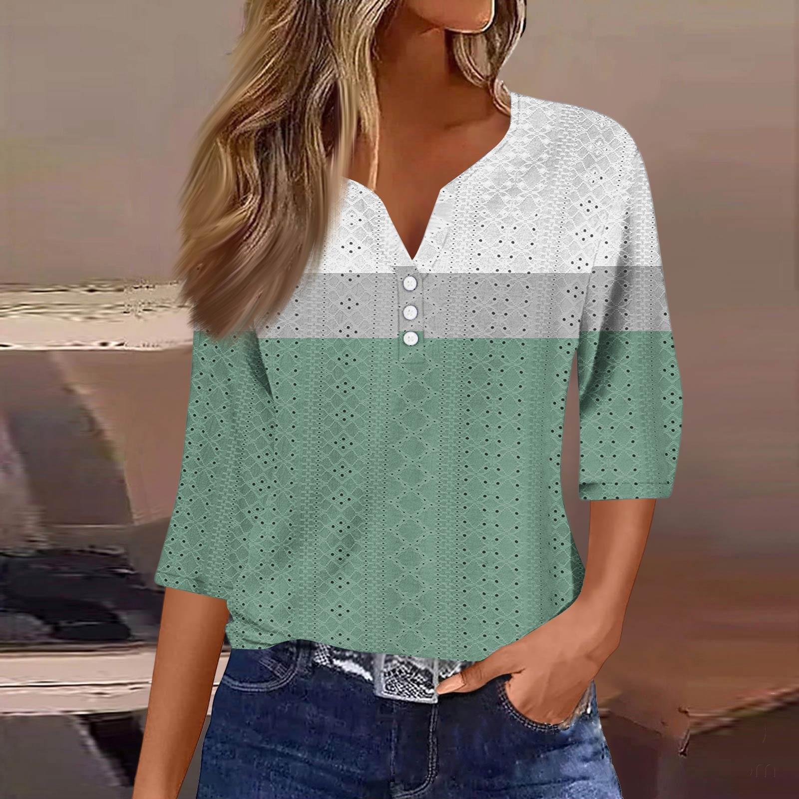 

Жіноча мода V-подібний виріз ґудзики рукав сім восьмих повсякденна футболка смугастий картатий принт топ XXL зелений