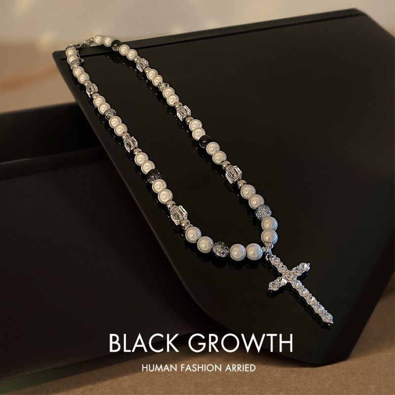 Niche Style Cross Pendant Hip Hop Style Female Reflective Pearl Reflective Pearl Stitched Cross