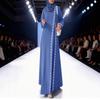 Muslim Women's Solid Color Lace Trim Casual Dress with Long Sleeves