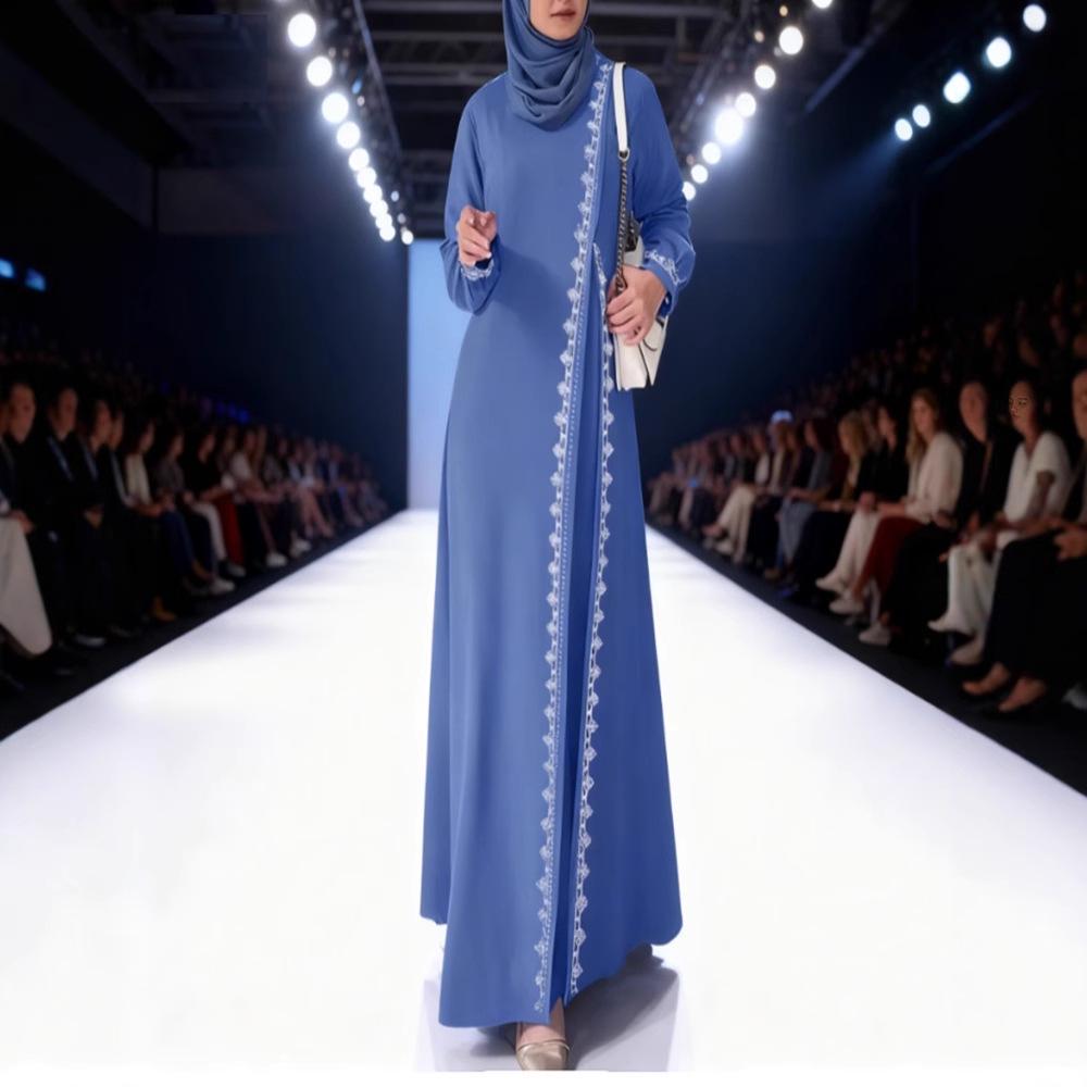 Muslim Women's Solid Color Lace Trim Casual Dress with Long Sleeves