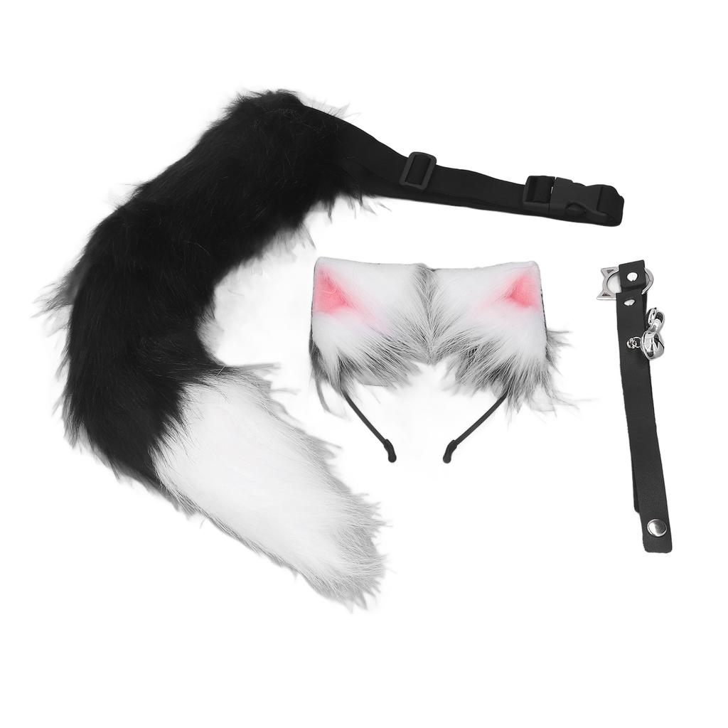 Cat Ears and Wolf Animal Tail Cosplay Costume Faux   Hair Clip Headdress Halloween Leather Neck Chocker Set Animal Cosplay Party Costume