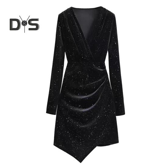 Ženy Krátké šaty Výstřih do V Dlouhé rukávy Skládaný Pure Color Slim Fit Pochva Nepravidelný lem OL Dojíždění Párty Ples Mini šaty Večerní akce