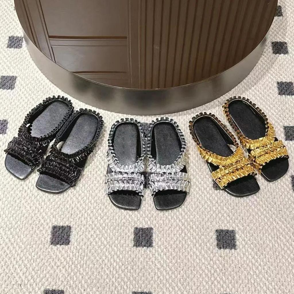 Fashion Summer Pleated Real Leather Open Toe Slippers Women Lazy Flat Sandals Outdoor Leisure Vacation Shoes Daily Versatile Single Shoe