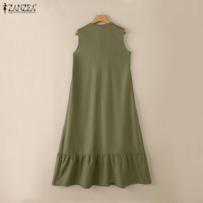 ZANZEA Women Casual Stand Collar Loose Summer Sleeveless Dress