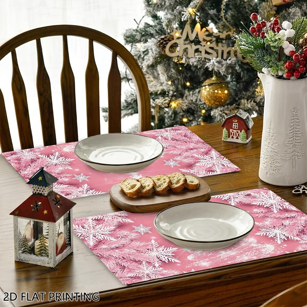 4pcs/6pcs Pink Glitter Christmas Table Mats Suitable for Xmas Tree Decoration, Vintage Rectangular Placemats with Glitter Xmas Tree Print, Hand Washab