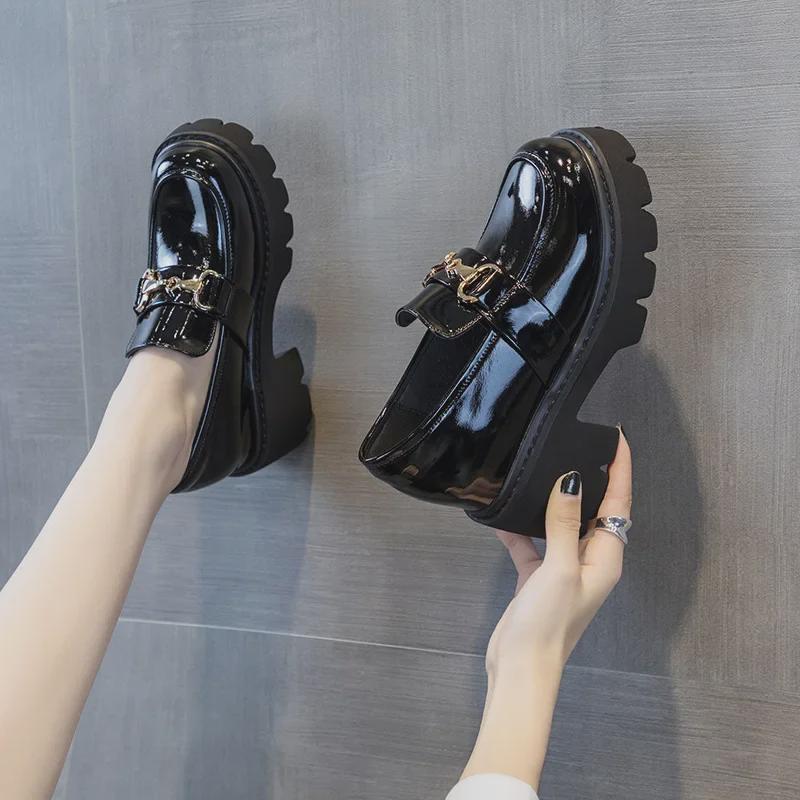 Women's British-Style Height-Enhancing Leather Loafers, Black, 2022 Autumn, Genuine Leather, 10cm Thick Sole