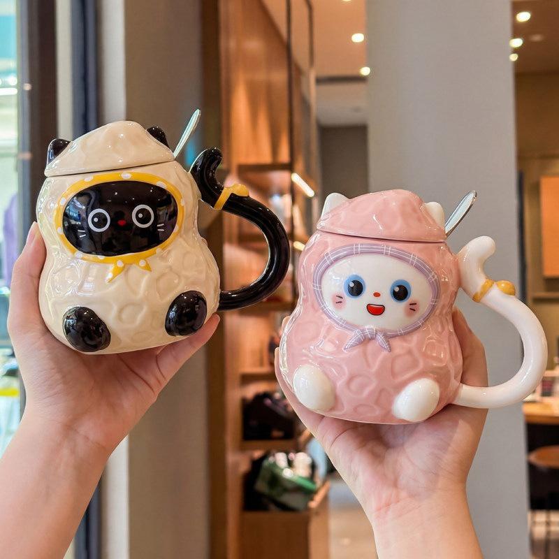 Erdnusskatze Keramiktasse mit Deckel - Entzückendes Geschenk für Mädchen und Kinder