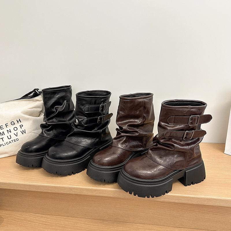 Mode Stiefeletten Damen 2025 Neu Sommer Hübsch und Vielseitig Kleine Plateauschuhe Mid-Calf Stiefel