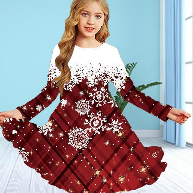 Girl Casual Snowflake Print Round Neck Long Sleeve Dress Kid Princess Dress