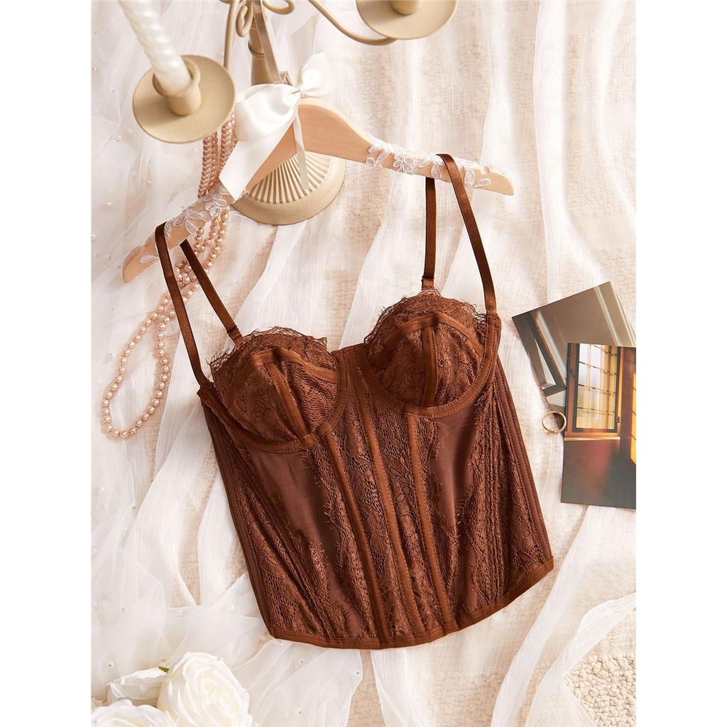 Damen Durchsichtiges Spitzenkorsett Cami-Oberteil, Spaghettiträger Bustier, Fischgräten Schlankmachendes Trägerloses Schlauchoberteil