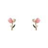 French Light Luxury Pink Tulip Flower Pearl Stud Earrings For Women Korean Zircon Exquisite Earring Party Christmas Jewelry Gift