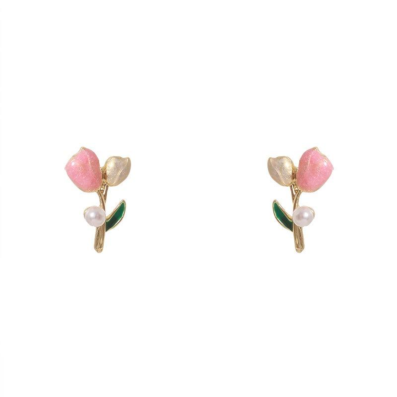 French Light Luxury Pink Tulip Flower Pearl Stud Earrings For Women Korean Zircon Exquisite Earring Party Christmas Jewelry Gift