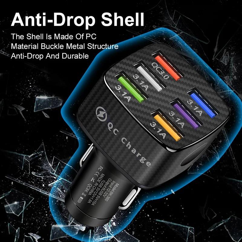 75W 6 Ports Car Charger Quick Charge 3.0 15A USB Charger For iPhone 1411 Pro Samsung Xiaomi Huawei Mobile Phone Charger